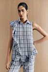 Shop_Mellowdrama_Black Cotton Collared Check Zipper Frill Pant Set _Online_at_Aza_Fashions