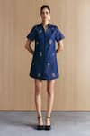 Buy_Mellowdrama_Blue Cotton Embroidery Collared Denim Embellished Dress _at_Aza_Fashions