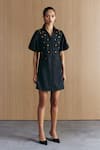 Buy_Mellowdrama_Black Cotton Embroidery Collared Denim Embellished Dress _at_Aza_Fashions