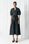 Buy_Mellowdrama_Black Cotton Embroidery Button-down Neck Washed Denim Embellished Dress _at_Aza_Fashions