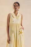 Vedika M_Yellow Linen Embroidery Collared Summer Coral Dress _Online_at_Aza_Fashions