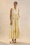 Buy_Vedika M_Yellow Linen Embroidery Collared Summer Coral Dress _at_Aza_Fashions