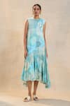 Shop_Vedika M_Blue Satin Round Neck Ocean Midi Dress _Online_at_Aza_Fashions