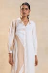 Vedika M_Beige Satin Embroidery Collared White And Jellyfish Dress _Online_at_Aza_Fashions