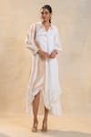 Vedika M_Beige Satin Embroidery Collared White And Jellyfish Dress _at_Aza_Fashions