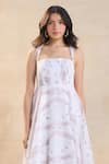 Vedika M_Beige Cotton, Linen Square Neck Waterdrop Midi Dress _Online_at_Aza_Fashions