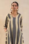 Vedika M_Brown Linen V-neck Striped Noon Midi Dress _Online_at_Aza_Fashions