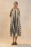 Shop_Vedika M_Brown Linen V-neck Striped Noon Midi Dress _Online_at_Aza_Fashions