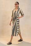 Vedika M_Brown Linen V-neck Striped Noon Midi Dress _at_Aza_Fashions