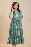 Buy_Vedika M_Green Linen Collared Waterdrops Tiered Midi Dress _Online_at_Aza_Fashions