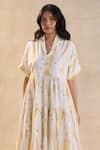 Vedika M_Yellow Linen Collared Waterdrops Tiered Midi Dress _Online_at_Aza_Fashions
