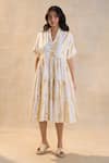 Buy_Vedika M_Yellow Linen Collared Waterdrops Tiered Midi Dress _at_Aza_Fashions