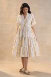 Shop_Vedika M_Yellow Linen Collared Waterdrops Tiered Midi Dress _Online_at_Aza_Fashions