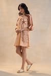 Vedika M_Peach Linen Embroidery Open Neck Under The Sea Short Dress _Online_at_Aza_Fashions