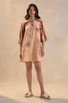 Buy_Vedika M_Peach Linen Embroidery Open Neck Under The Sea Short Dress _at_Aza_Fashions