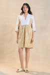 Buy_Vedika M_Brown Linen Collared Khaki Chevron Shell Dress _Online_at_Aza_Fashions