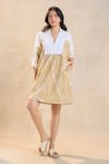 Buy_Vedika M_Brown Linen Collared Khaki Chevron Shell Dress _at_Aza_Fashions