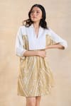 Shop_Vedika M_Brown Linen Collared Khaki Chevron Shell Dress _Online_at_Aza_Fashions
