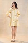 Shop_Vedika M_Yellow Linen Button-down Neck Under The Sea Short Dress _at_Aza_Fashions