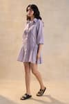 Vedika M_Gray Cotton, Linen Collared Striped Afternoon Dress _Online_at_Aza_Fashions