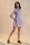 Buy_Vedika M_Gray Cotton, Linen Collared Striped Afternoon Dress _Online_at_Aza_Fashions