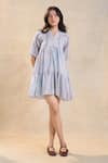 Buy_Vedika M_Gray Cotton, Linen V-neck Underwater Tiered Dress _at_Aza_Fashions