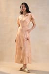 Buy_Vedika M_Peach Linen V-neck Under The Sea Corset Skirt Set _at_Aza_Fashions