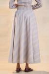 Vedika M_Gray Cotton, Linen Split V-neck Striped Skirt Set _Online_at_Aza_Fashions