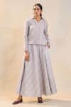 Buy_Vedika M_Gray Cotton, Linen Split V-neck Striped Skirt Set _Online_at_Aza_Fashions