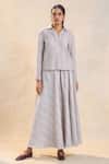 Buy_Vedika M_Gray Cotton, Linen Split V-neck Striped Skirt Set _at_Aza_Fashions