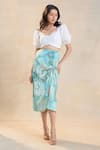 Buy_Vedika M_White Linen, Satin Square Neck Blue Ocean Drawstring Skirt Set _at_Aza_Fashions