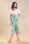 Vedika M_White Linen, Satin Square Neck Blue Ocean Drawstring Skirt Set _Online_at_Aza_Fashions