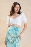 Buy_Vedika M_White Linen, Satin Square Neck Blue Ocean Drawstring Skirt Set _Online_at_Aza_Fashions