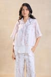 Vedika M_White Cotton, Linen Collared Waterdrop Print Pant Set _Online_at_Aza_Fashions
