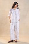 Buy_Vedika M_White Cotton, Linen Collared Waterdrop Print Pant Set _at_Aza_Fashions