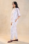 Vedika M_White Cotton, Linen Collared Waterdrop Print Pant Set _at_Aza_Fashions