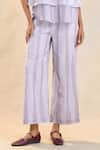 Buy_Vedika M_Gray Cotton, Linen Embroidery Collared, V-neck Underwater Co-ord Pant Set _Online_at_Aza_Fashions