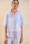 Vedika M_Gray Cotton, Linen Embroidery Collared, V-neck Underwater Co-ord Pant Set _at_Aza_Fashions