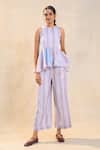 Buy_Vedika M_Gray Cotton, Linen Round Neck Underwater Peplum Top And Pant Set _at_Aza_Fashions