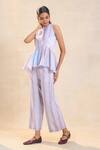 Vedika M_Gray Cotton, Linen Round Neck Underwater Peplum Top And Pant Set _at_Aza_Fashions