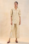 Buy_Vedika M_Tan Linen Collared Khaki Chevron Shell Shirt Set _at_Aza_Fashions