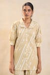 Shop_Vedika M_Tan Linen Collared Khaki Chevron Shell Shirt Set _Online_at_Aza_Fashions