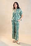 Vedika M_Green Linen Collared Waterdrop Print Co-ord Pant Set _Online_at_Aza_Fashions