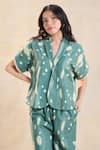 Shop_Vedika M_Green Linen Collared Waterdrop Print Co-ord Pant Set _Online_at_Aza_Fashions