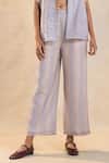 Vedika M_Gray Cotton, Linen Collared, Round Neck Grey Pant Set _Online_at_Aza_Fashions