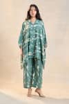 Buy_Vedika M_Green Linen V-neck Waterdrop Print Kaftan Set _at_Aza_Fashions