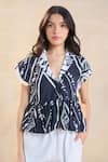 Buy_Vedika M_Black Linen Collared Chevron Shell Peplum Top _at_Aza_Fashions