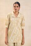 Buy_Vedika M_Beige Linen, Cotton Collared Khaki Chevron Shell Shirt _at_Aza_Fashions