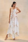 Buy_Vedika M_Off White Satin Embroidery Round Neck Jellyfish Strap Draped Maxi Dress _at_Aza_Fashions