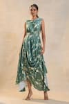 Vedika M_Green Round Neck Waterdrop Drape Dress With Belt _Online_at_Aza_Fashions
